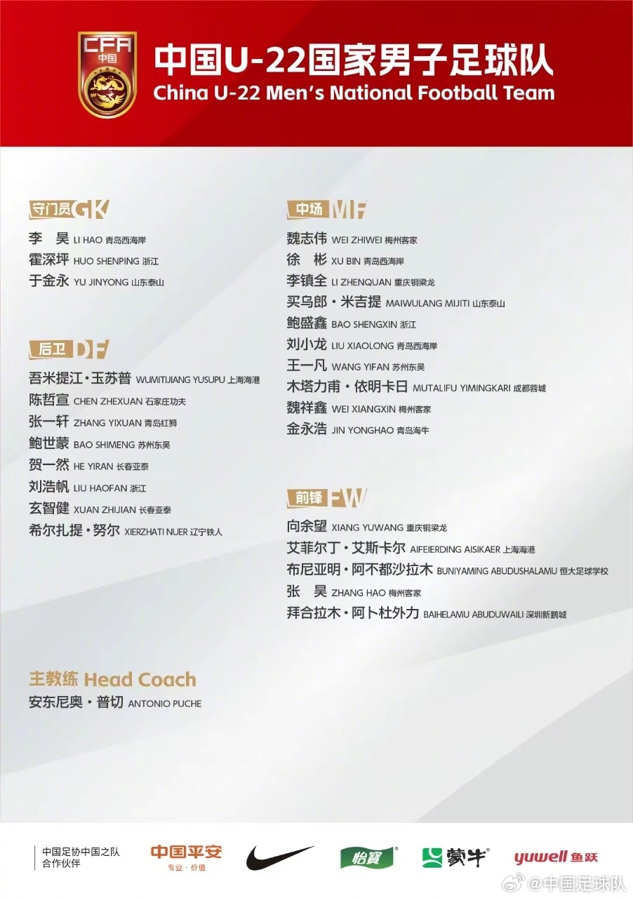 九游会j9官网真人游戏第一品牌长春亚泰小将贺一然、玄智健入选U22大名单